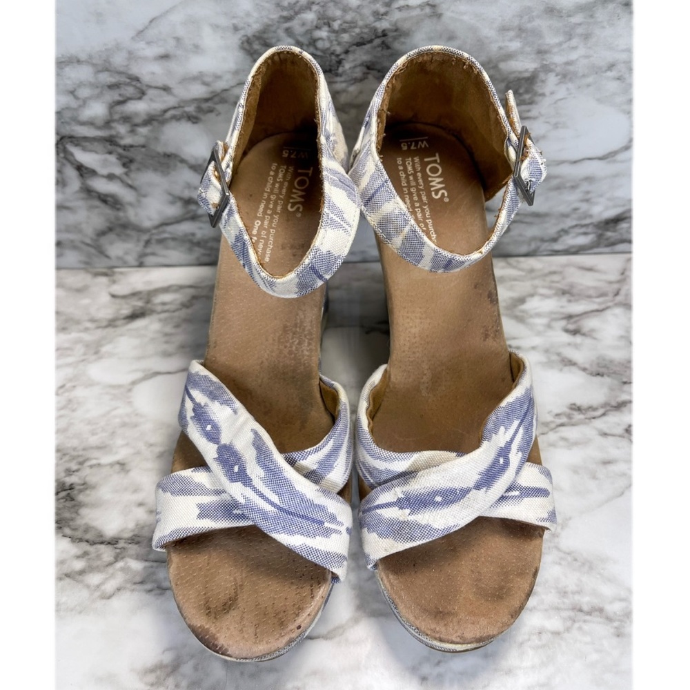 TOMS Ikat Print Wedge Sandals, Purple & White Canvas Shoes, Women’s Size 7.5 W
